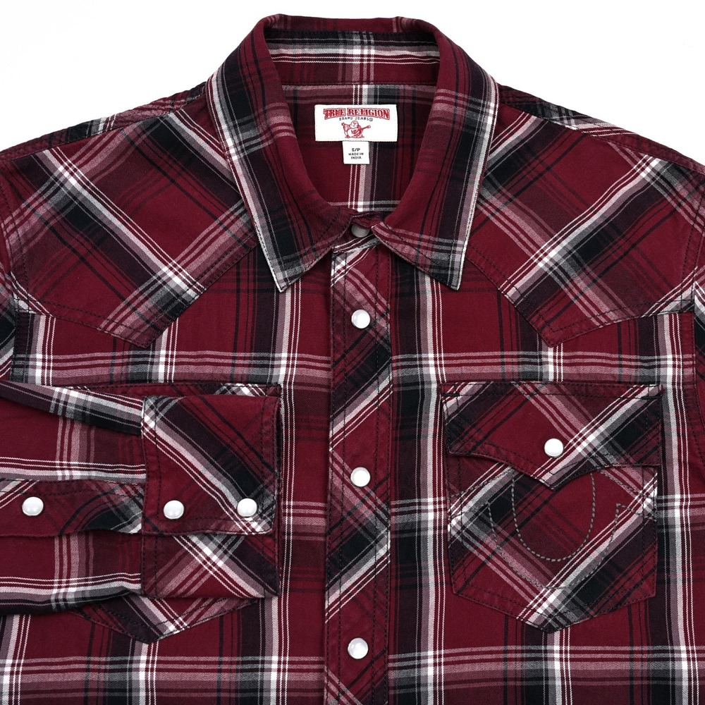 True Religion Shirt Mens Small Plaid L/S Pearl Snap Rancher Work Embroidered